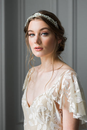 Bride wearing a silver edwardian leaf tiara