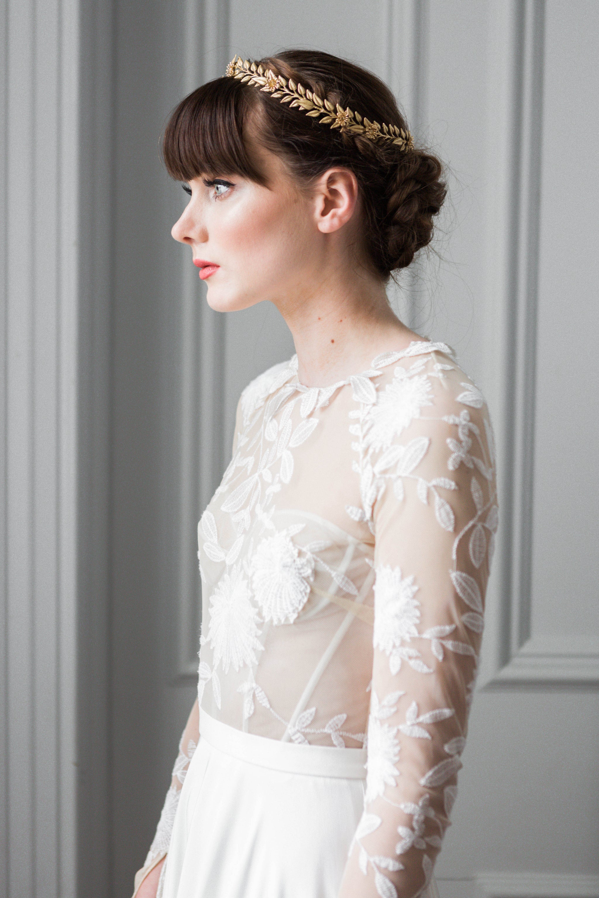 Bride wearing a gold edwardian leaf circlet crown