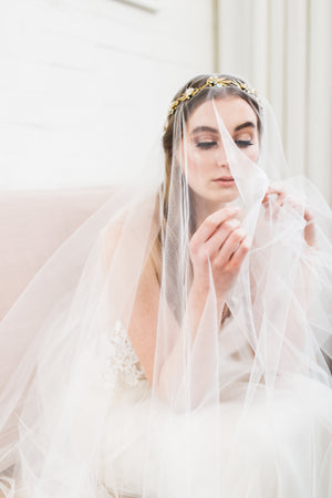 Bride in wedding dress wearing a classic bridal veil
