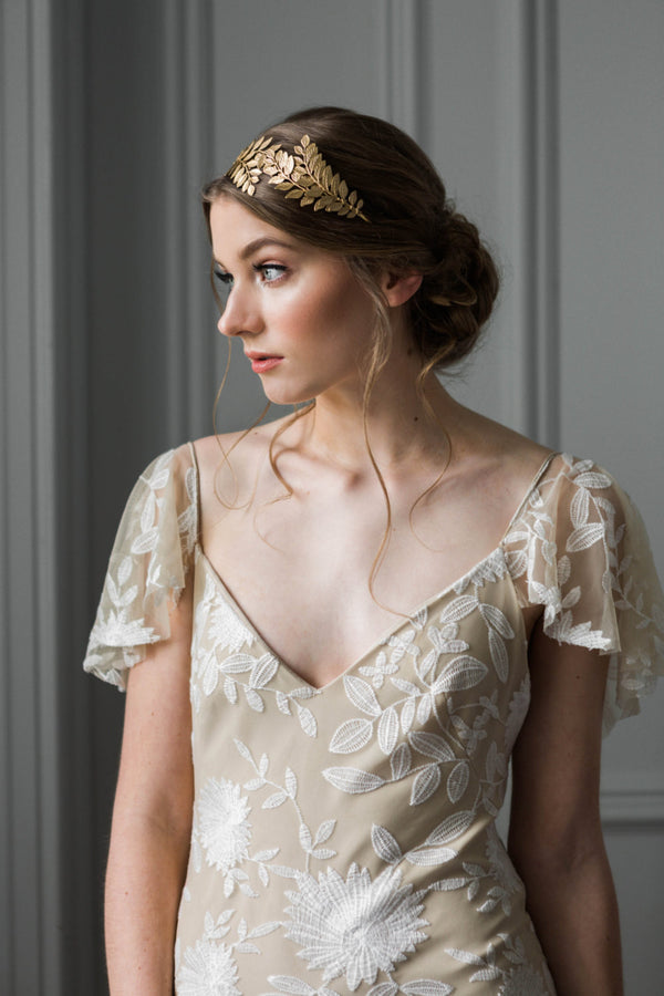 Gold Swooping Leaf headband | By Anna Marguerite