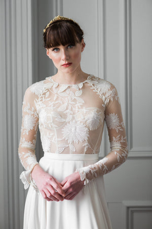 Bride wearing a gold edwardian leaf circlet crown