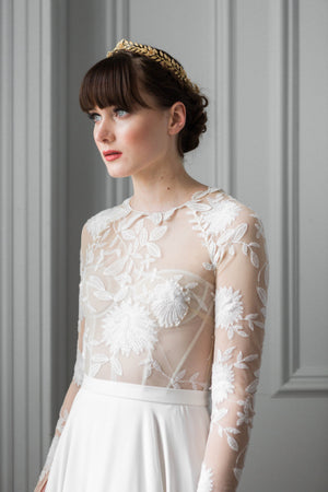 Bride wearing a gold edwardian leaf circlet crown