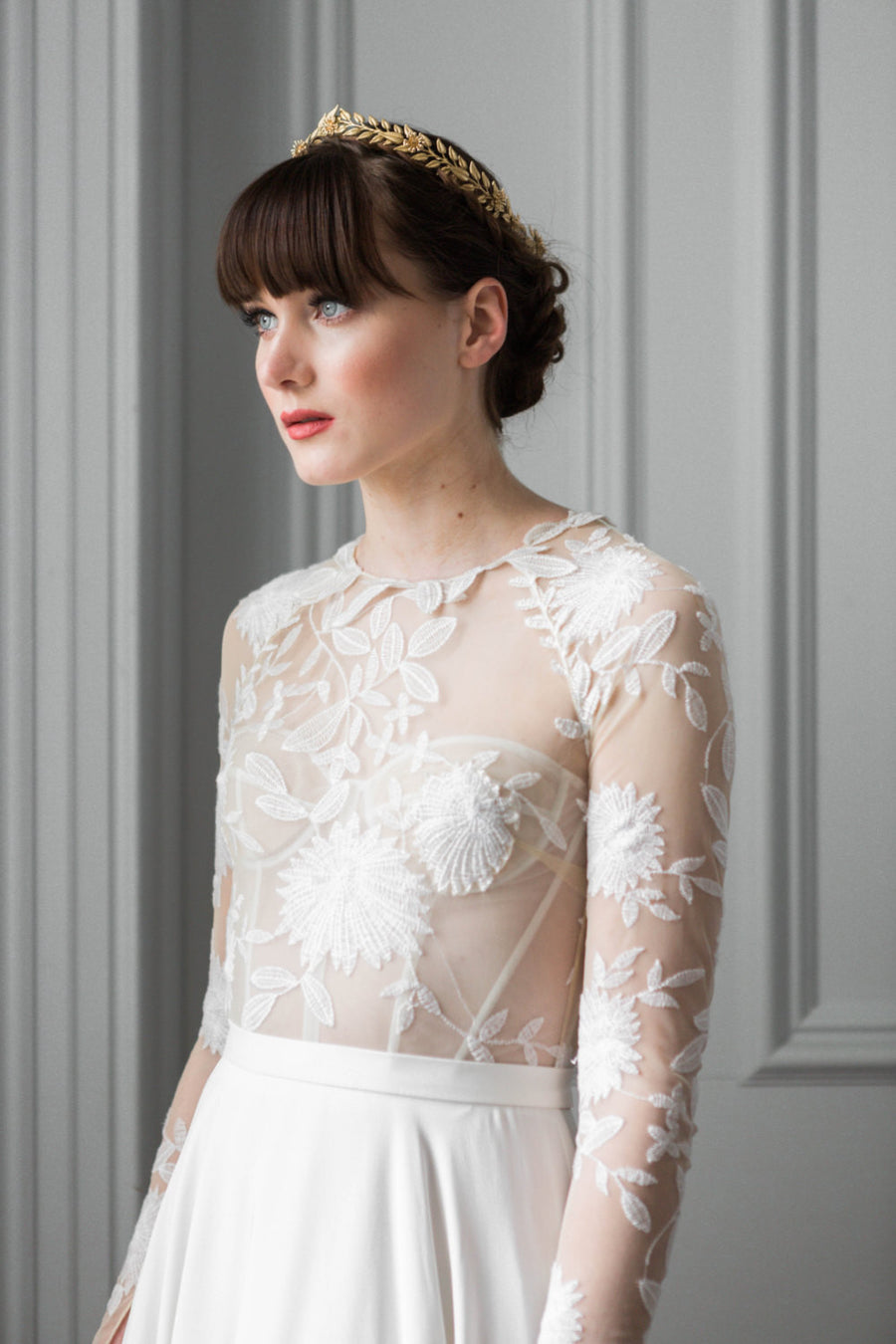 Bride wearing a gold edwardian leaf circlet crown