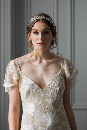 Bride wearing a silver leaf bridal tiara