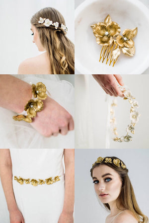 Collage of a floral bridal accessories collection
