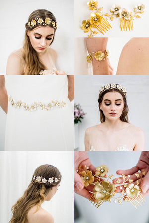 collection of bridal accessories featuring gold flowers